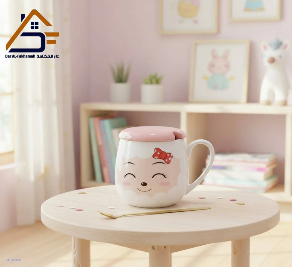 كوب سيراميك بتصميم كرتوني لطيف – مع غطاء وملعقة ذهبية