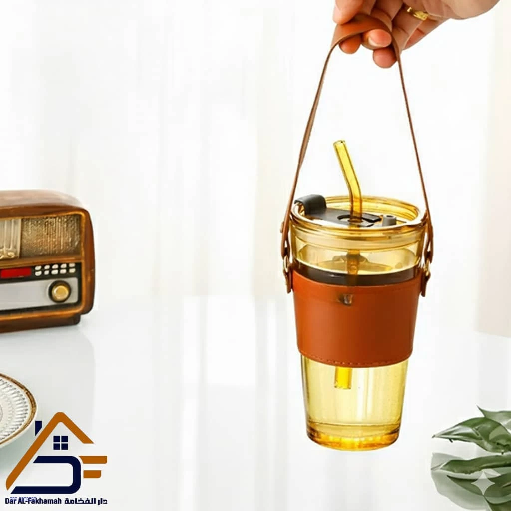 كوب زجاجي بحزام جلدي