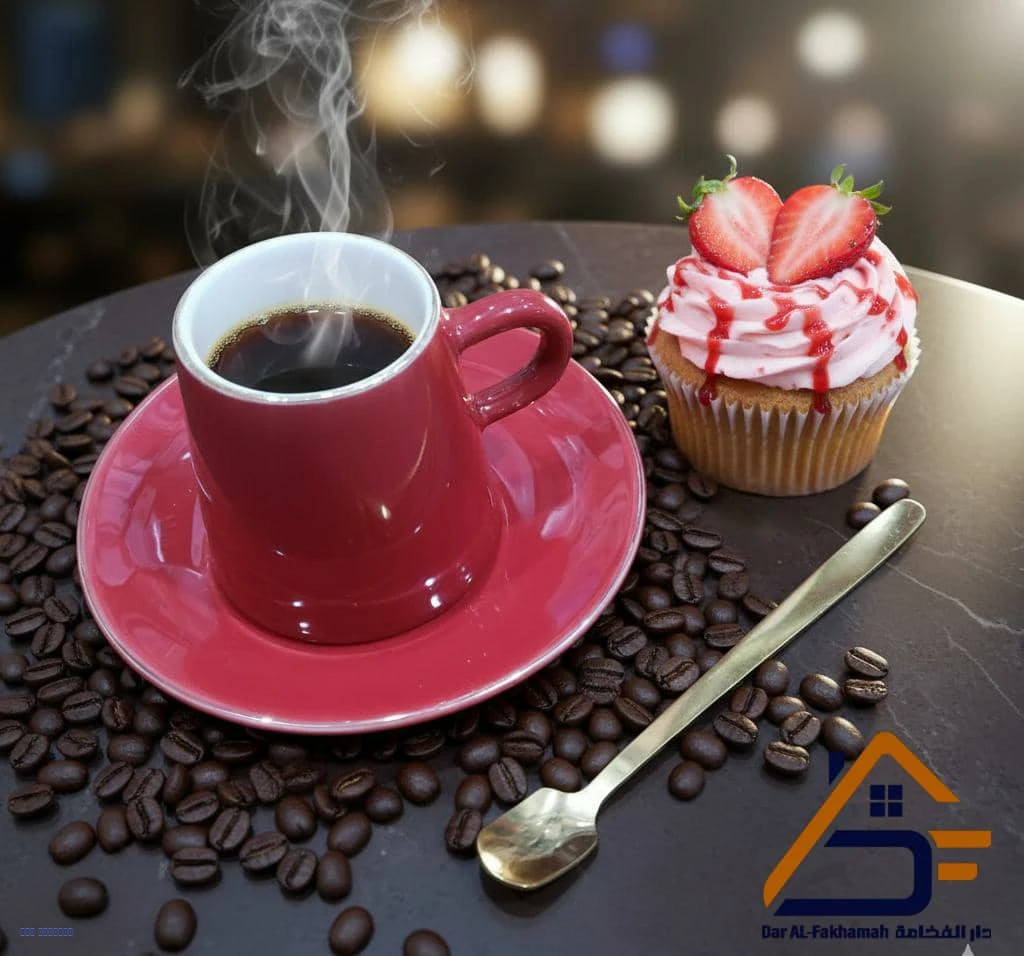 كوب قهوة سيراميك أحمر مع سِيسِر وملعقة ستيل ذهبية