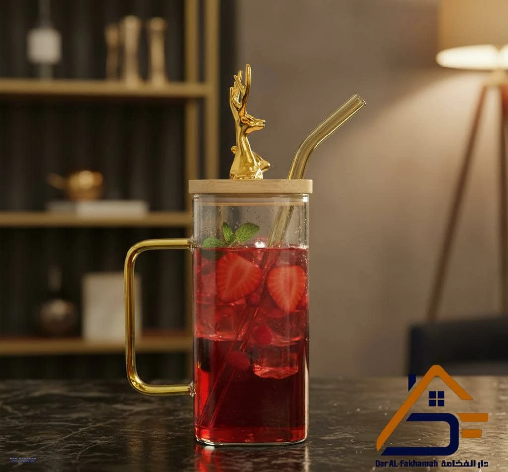 كوب الغزال الذهبي بغطاء خشبي وماصة زجاجية