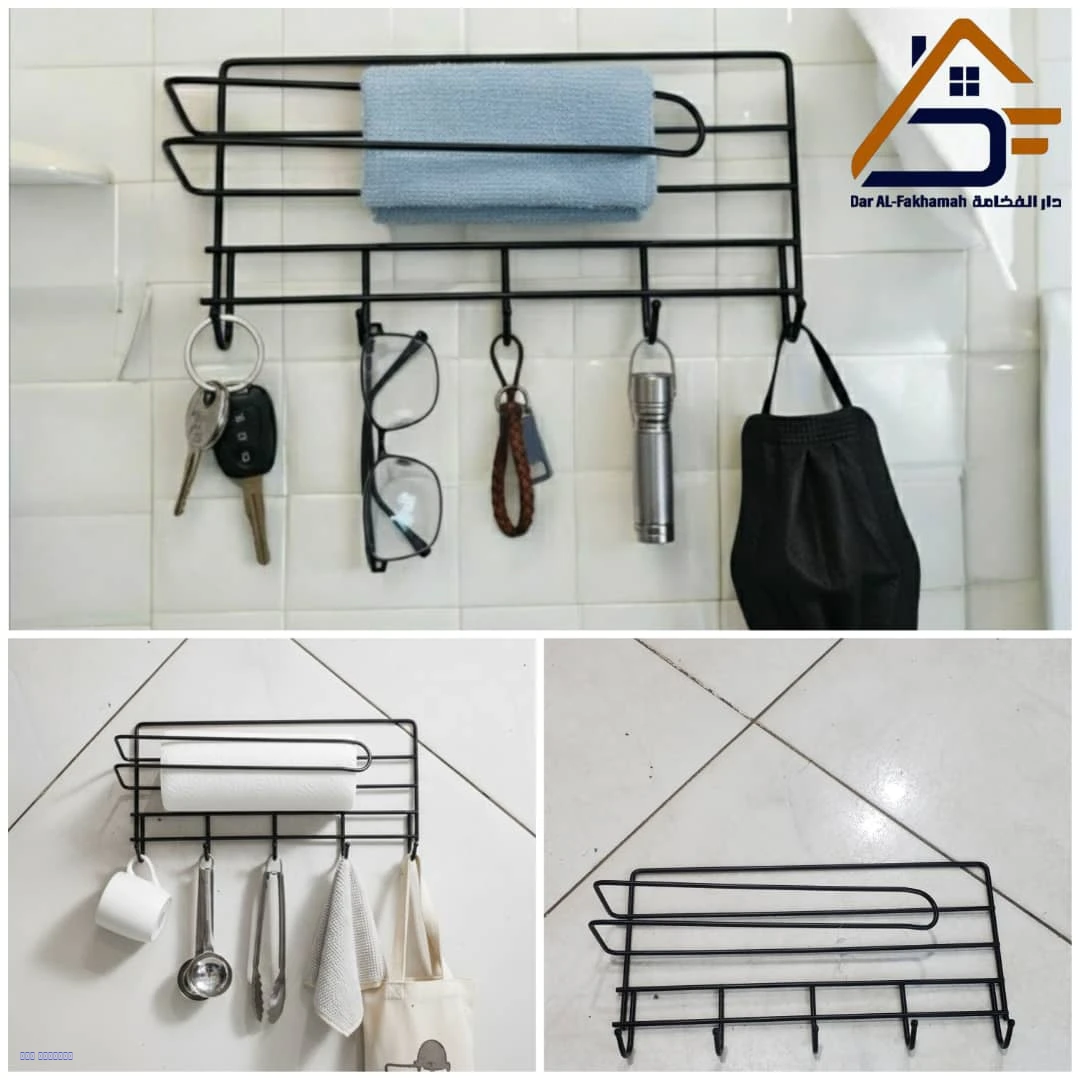 ستاند فولاذ كربوني لاصق – حامل رول مناديل مع 6 خطافات