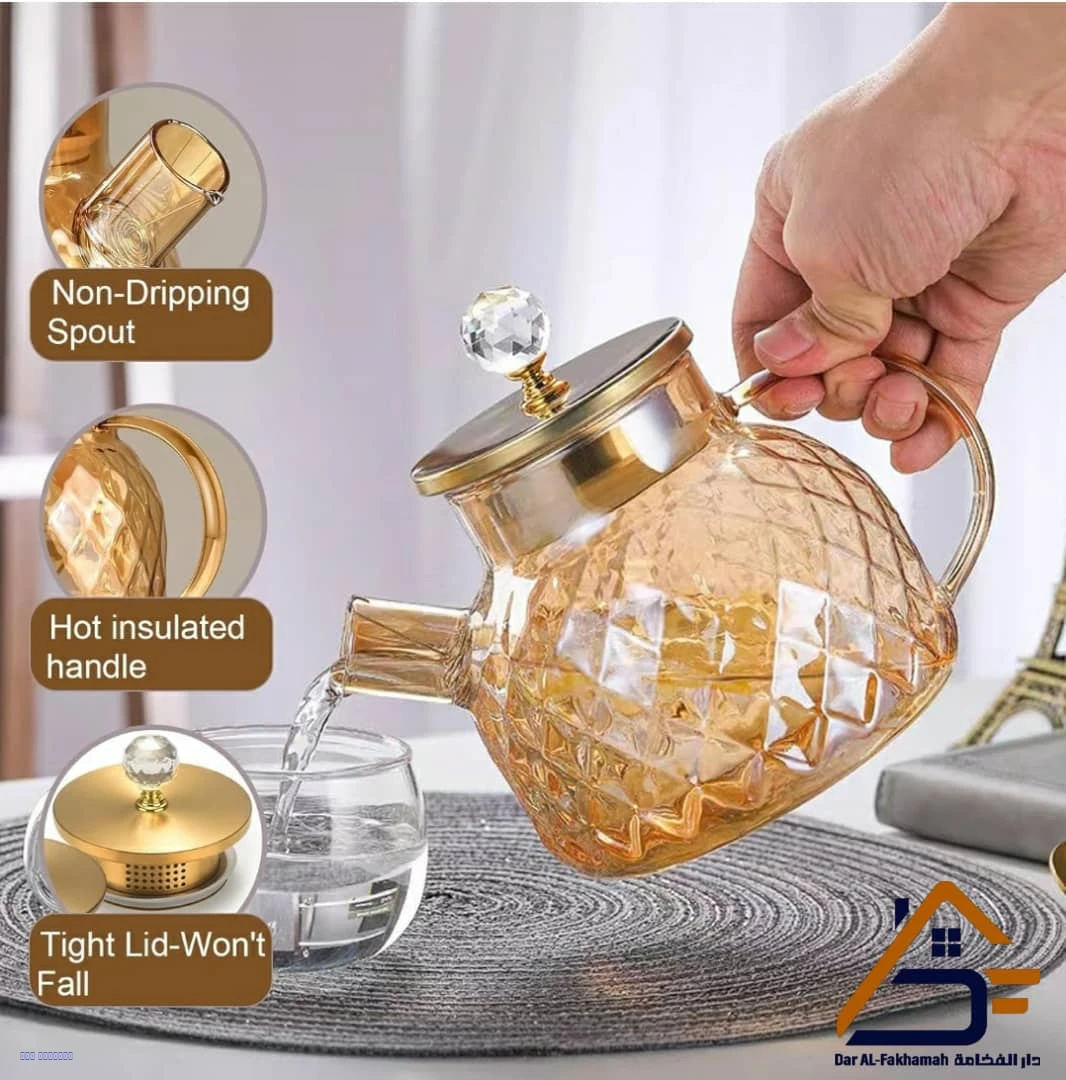 إبريق شاي زجاجي بتصميم ماسي فاخر – 1000 مل