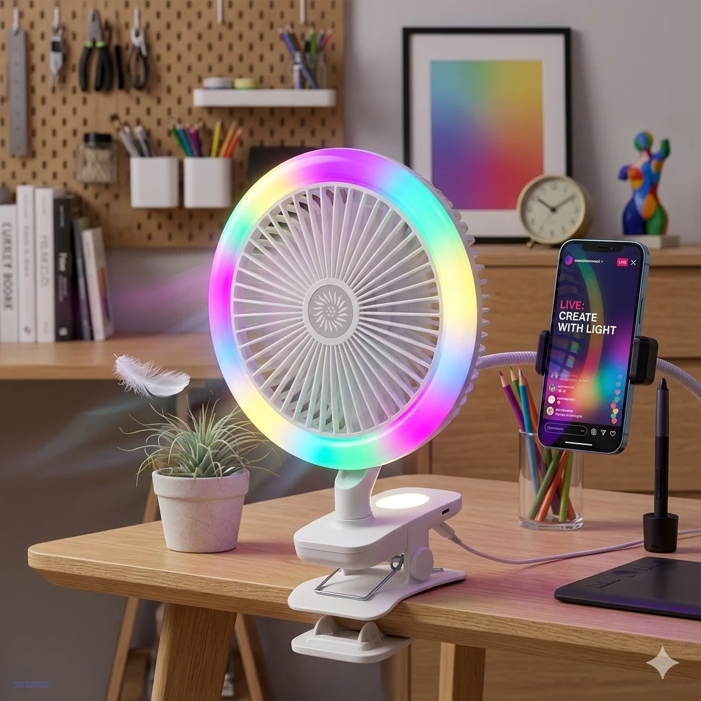 مروحة مكتب قابلة للشحن بإضاءة RGB ومشبك تثبيت